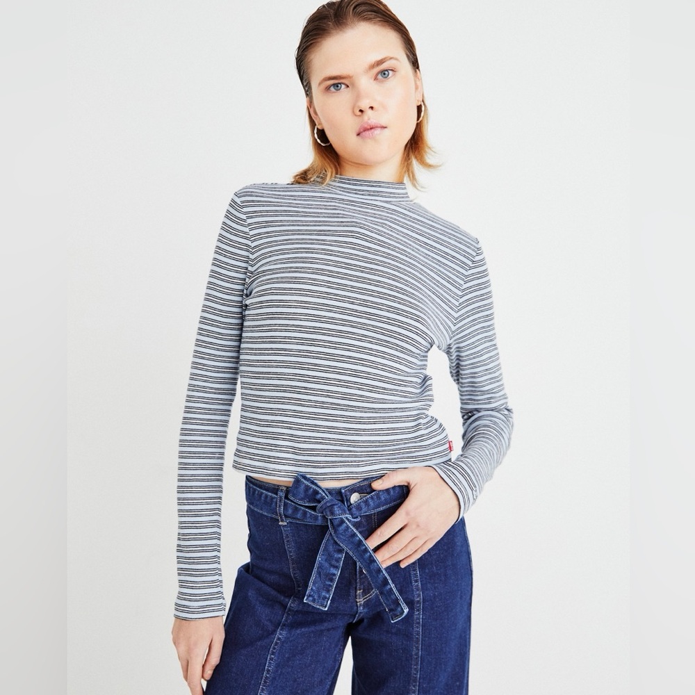 Levi’s Effortless Blue Striped Stand Collar Long Sleeve Top